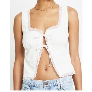 Kourt Women's Odette White Lace‎ Trim Tie-Front Linen Blend Crop Top Size 6 NWOT